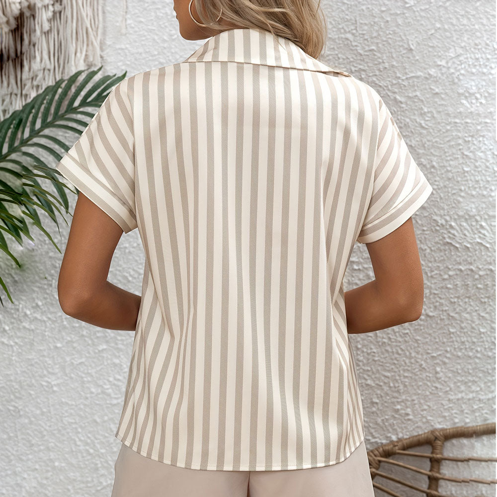 Chemise Rayée Beige Manches Courtes