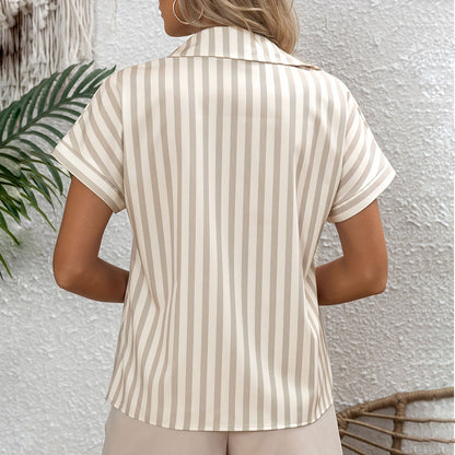 Chemise Rayée Beige Manches Courtes